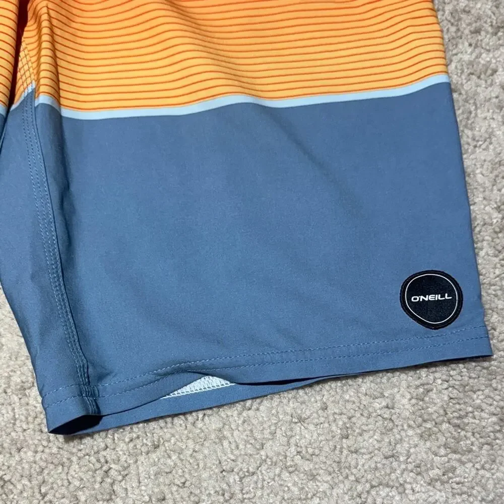 O'Neill Blue and Orange Striped Swim Board Shorts Mens 29